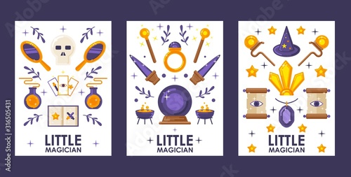Set of banners with magic game icons, vector illustration. Flat style cartoon items, symbols of witchcraft and sorcery. Magical amulets and potions, fantasy artifacts