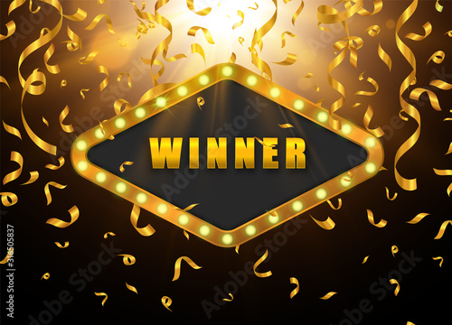 Retro light banner. Vector frame. Winner background with gold glitter confetti.