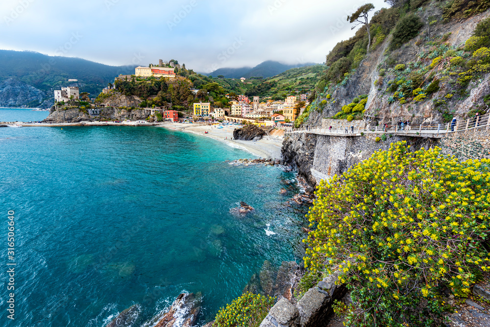 Monterosso al Mare village and Cinque Terre coastal area as seen from the trial from Vernazza.  Liguria region in Italy.