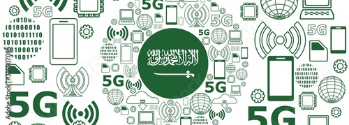 Mobile gadgets technology relative vector image. Circle frame with technology thin line icons. 5G Network Symbol. Flag of the Saudi Arabia