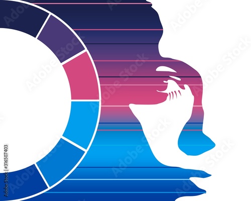 Face front view. Elegant silhouette of a female head. Portrait of a happy smiled woman. Gradient paint horizontal lines