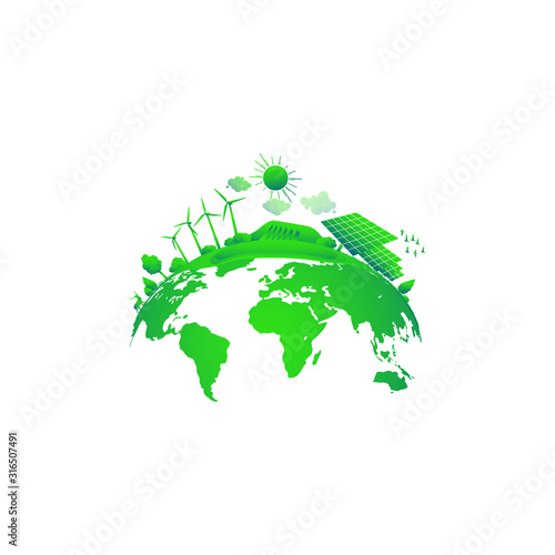 Green Earth concept. Solar and wind power. Green sustainable energy, ecology development environment, sustainable development concept.