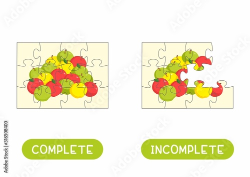 Word card with jigsaw puzzle vector template. Flash card for English language with mosaic pieces. Opposites concept, complete and incomplete. Logic game with apple fruits flat illustration 