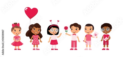 Multicultural little boys and girls dating, celebrating Valentines Day flat vector illustration. Young girlfriends and boyfriends isolated cartoon characters set. Children with February 14 presents