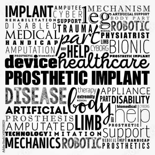 Prosthetic implant word cloud collage, medical concept background