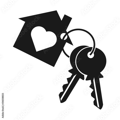 House with heart, two key and key ring. Keychain symbol, icon silhouette on white background.