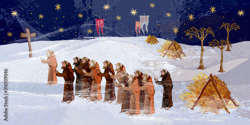 Medieval scene. Cold winter of the Middle Ages, parchment concept. Historical art. Ancient book illustration. Monks pray for a miracle