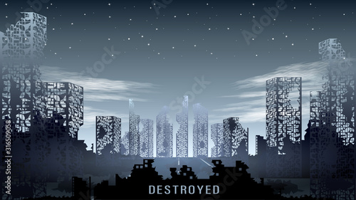 Panorama of the destroyed city against the night starry sky