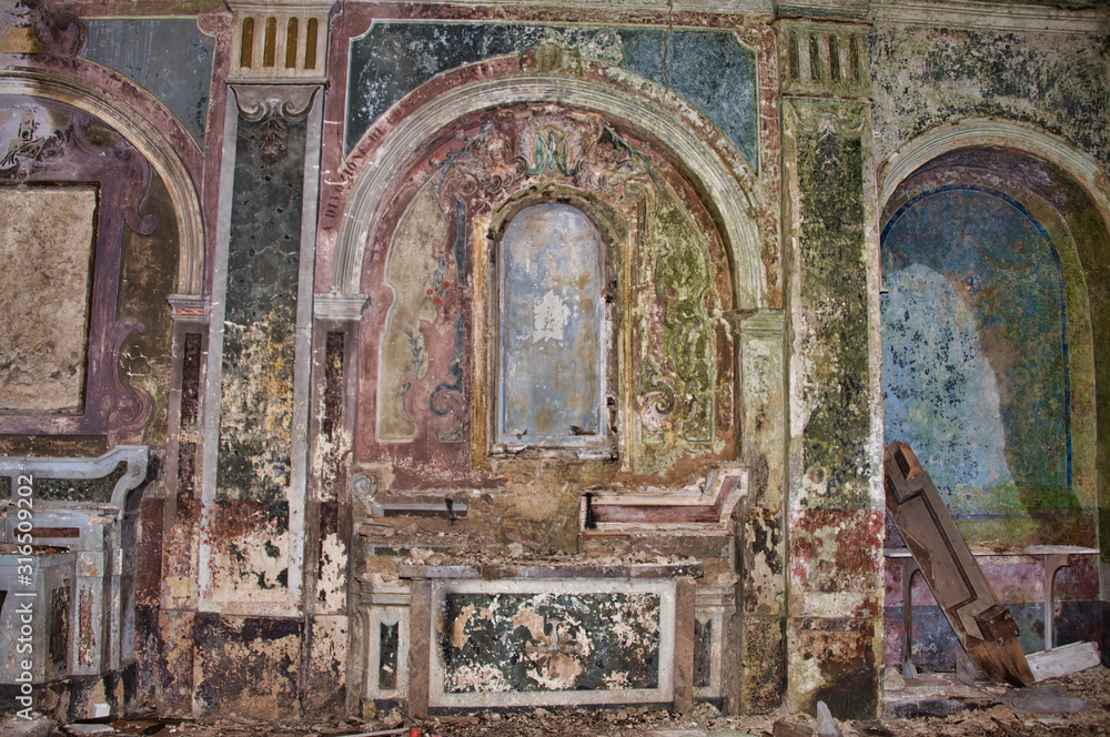 Interior of a Ruined Ancient Church in an Abandoned Village in the Mountains of Southern Italy