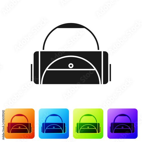 Black Sport bag icon isolated on white background. Set icons in color square buttons. Vector Illustration