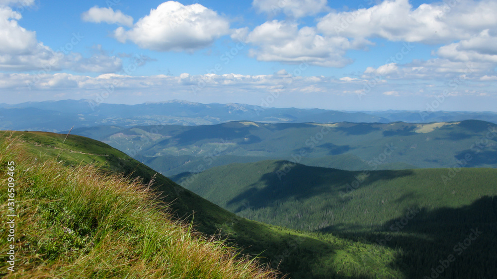 Obraz premium view of the Carpathian mountains on a sunny summer day from the top of Goverla Mountain, Carpathians, Ukraine