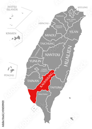 Kaohsiung red highlighted in map of Taiwan