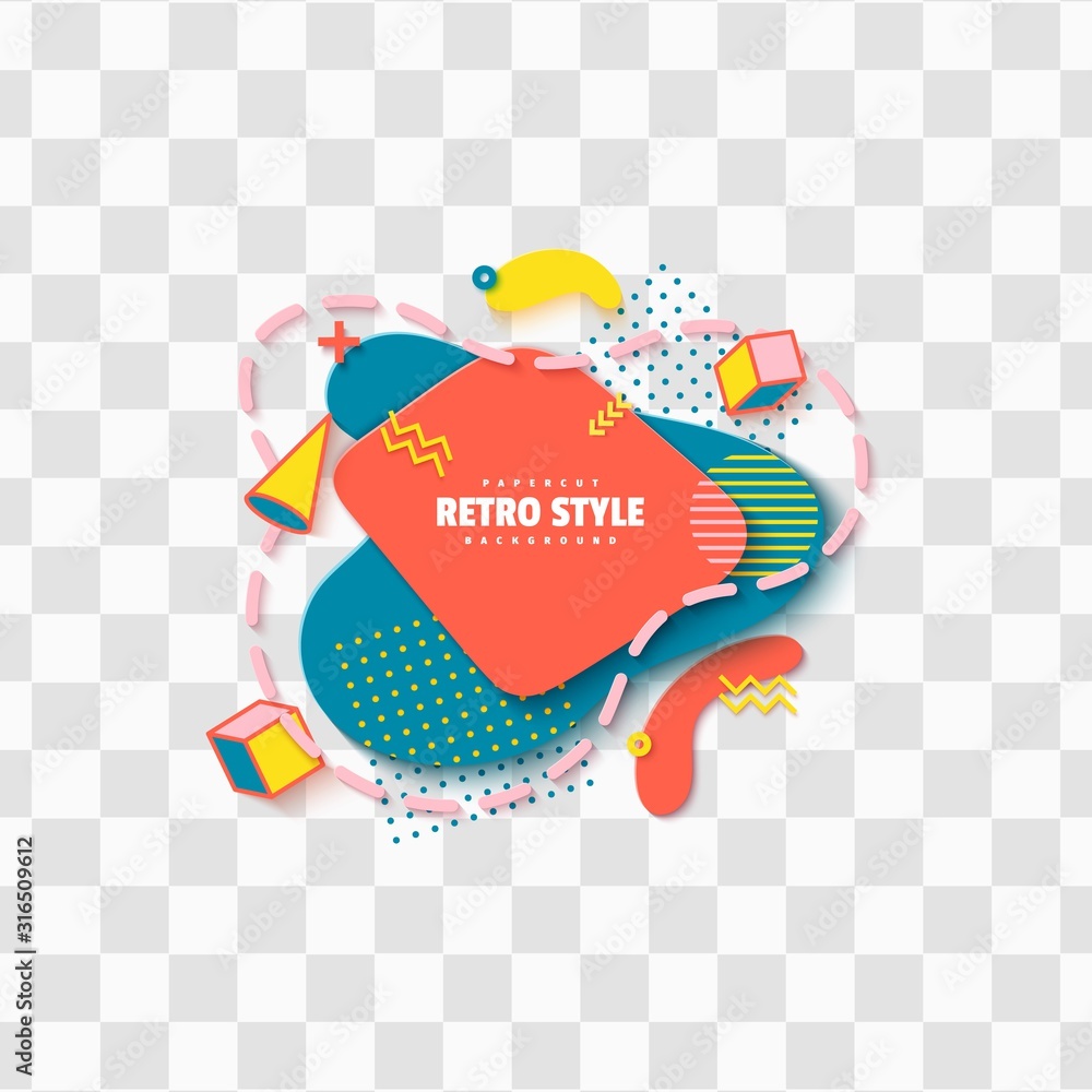 Pattern of liquid geometric shapes in cut paper style. Creative flyer Memphis 80s 90s retro element layered bubbles cut out of cardboard. Vector banner template with cube cylinder cone and lines