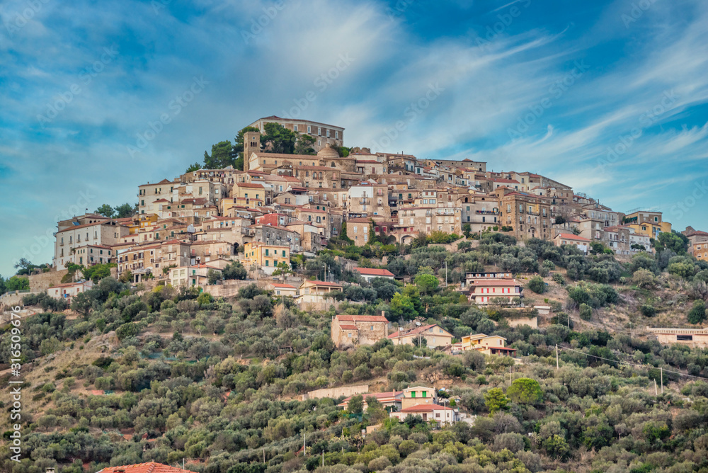 Ancient Hilltop Village in Southern Italy on a Sunny Day