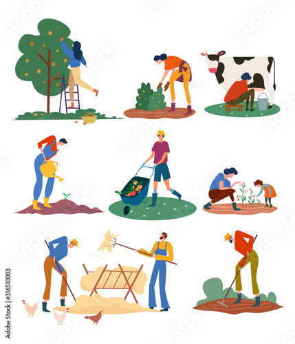 Set of farmers or agricultural workers on the farm with domestic animals. People are working on the garden collecting apples and growing vegetables, gathering hay. Vector illustration.