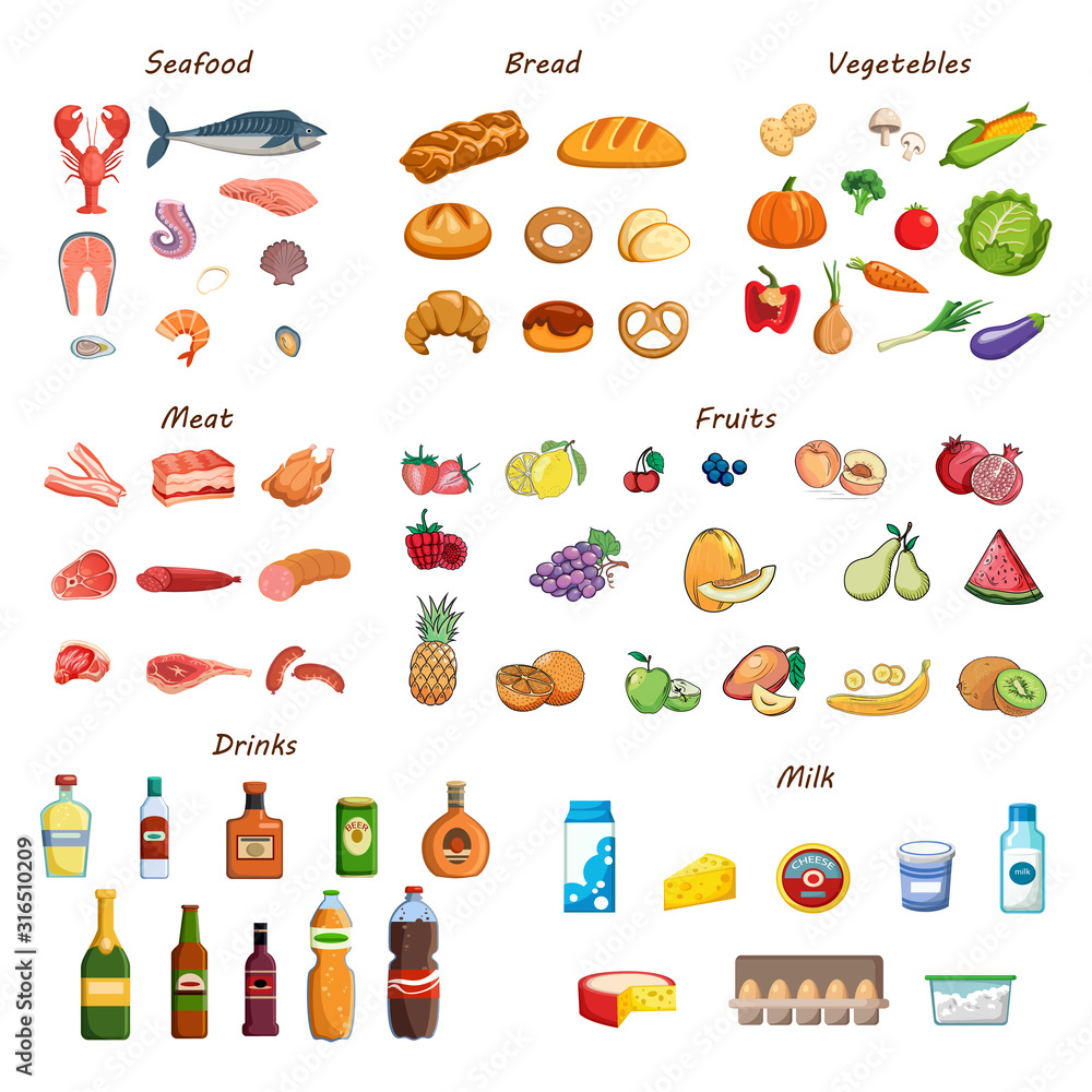 Fototapeta Food set. Collection of various meals, fish and meat, vegetables and fruits, milk and bread. Fresh nutrition design elements. Ingredients for cooking. Isolated vector cartoon icons on white background
