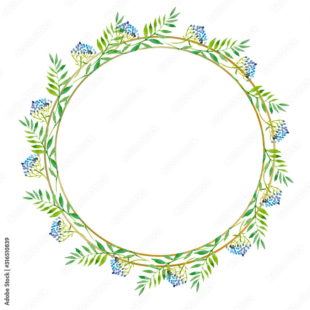 Watercolor illustration of wreath with green leaves in a gold round frame. Watercolor floral illustration. Watercolor illustration of wreath with green leaves in a gold round frame. Watercolor floral illustration.