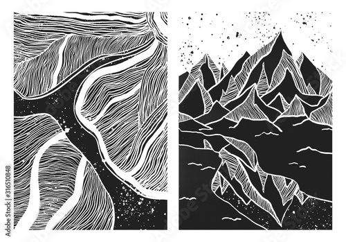 Canvas Print Set of two wall artworks, posters with line hand drawn mountains and flower