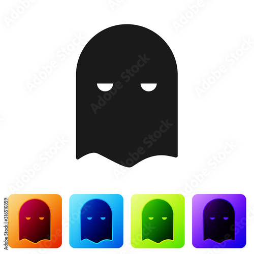Black Executioner mask icon isolated on white background. Hangman, torturer, executor, tormentor, butcher, headsman icon. Set icons in color square buttons. Vector Illustration