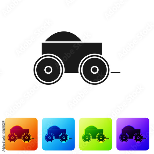 Black Wooden four-wheel cart with hay icon isolated on white background. Set icons in color square buttons. Vector Illustration