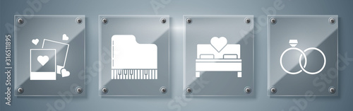 Set Wedding rings, Bedroom, Grand piano and Two blanks photo frames and hearts. Square glass panels. Vector
