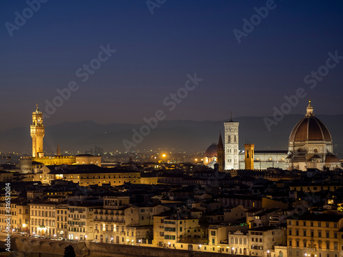 Florence in Tuscany, Italy. View over the city in the late evening January 2020. Taking in the Duomo aka Cathedral and Signoria Tower.