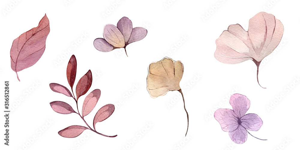 Fototapeta premium Watercolor illustration hand painting forest leaves flowers seeds winter autumn fall wrapping fabric wallpaper textile bed linen poster decor postcard