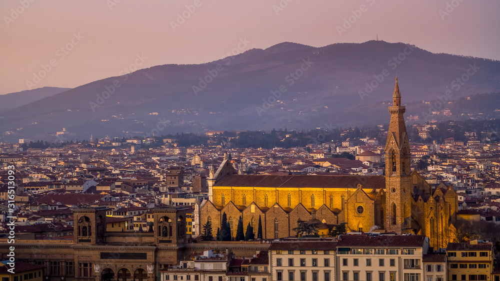 Night landscape view over Florence, Italy, featuring the illuminated Basilica di Santa Croce Holy Cross .