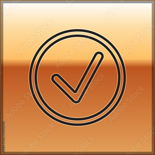 Black line Check mark in circle icon isolated on gold background. Choice button sign. Checkmark symbol. Vector Illustration