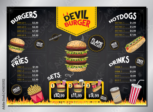 Devil burger card template - table menu (burgers, french fries, hot-dogs, drinks, sets) - A3 size (420x297 mm)