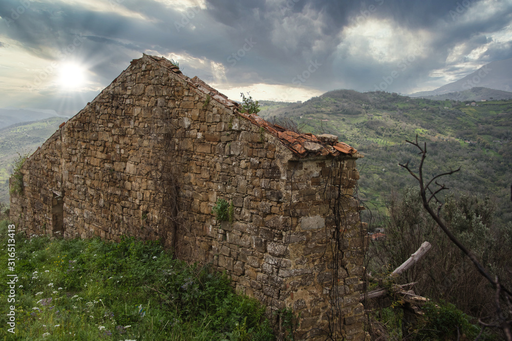 Ruins of an Old Stone Building in the Mountains of Southern Italy
