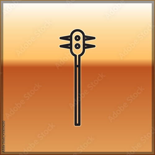 Black line Medieval chained mace ball icon isolated on gold background. Medieval weapon. Vector Illustration