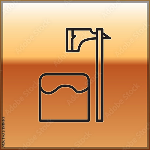 Black line Executioner axe in tree block icon isolated on gold background. Hangman, torturer, executor, tormentor, butcher, headsman. Vector Illustration