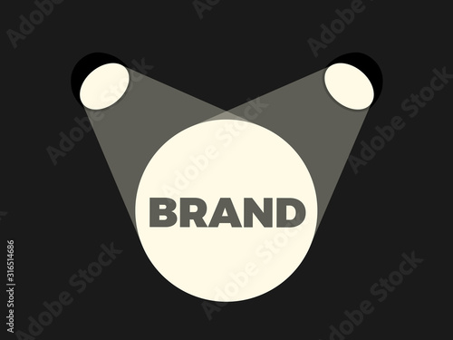 Brand is in the spotlight - brand awareness and brand recognition. Name of company is discovered and explored. Marketing, promotion and advertising. Vector illustration. 