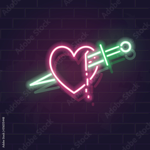 Neon heart and knife icon. Fluorescent icon on brick wall background. Concept image for love relationship.
