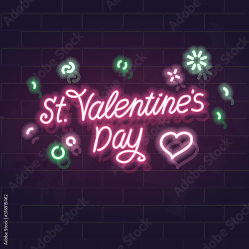 Neon St. Valentine's day typography. Fluorescent isolated vector illustration for any dark background. Square image for poster, banner, social network post.