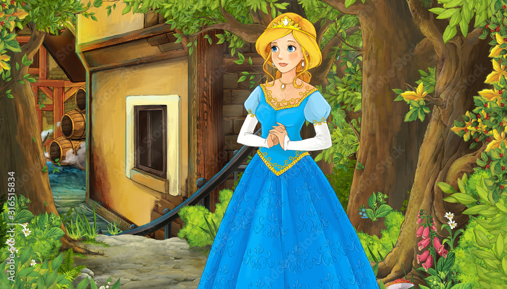 Fototapeta premium cartoon scene with princess in the forest near the city street romantic illustration for children