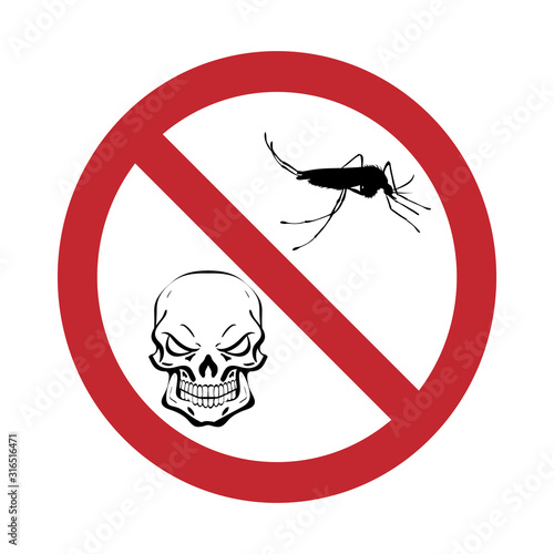 Vector silhouette of mosquito with skull prohibition mark on white background. Symbol of stop malaria and dengue disease.