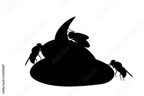 Vector silhouette of excrement with flies on white background. Symbol of insect on dog´s poop.