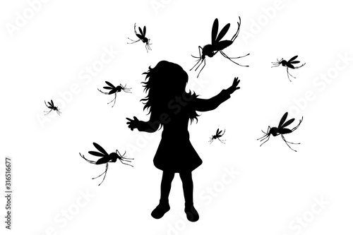 Vector silhouette of girl who drive away mosquito on white background. Symbol of annoying insect.