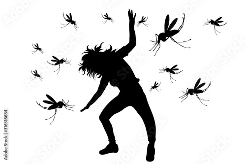 Vector silhouette of woman who drive away mosquito on white background. Symbol of annoying insect.