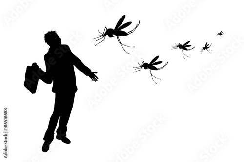 Vector silhouette of man who drive away mosquito on white background. Symbol of annoying insect.