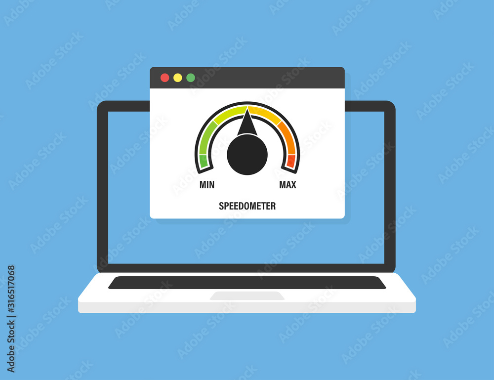 Laptop with speed test on screen, on blue background. Vector illustration. Laptop front view. Download vector graphic illustration. Computer display. High tech screen. Laptop with speed test on screen, on blue background. Vector illustration. Laptop front view. Download vector graphic illustration. Computer display. High tech screen.