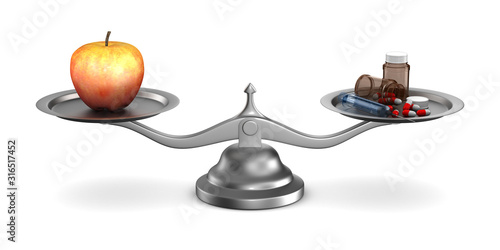 Medicines and apple on scal...