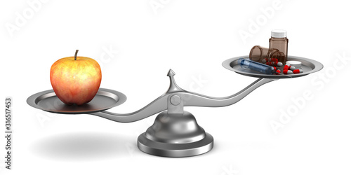 Medicines and apple on scal...
