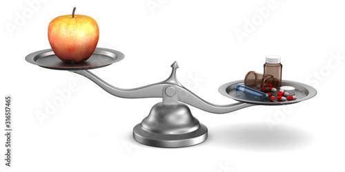 Medicines and apple on scal...
