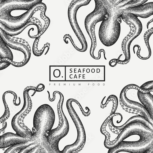 Octopus design template. Hand drawn vector seafood illustration. Engraved style squid banner. Retro zoology background