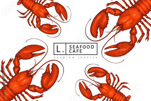 Lobster colored banner. Hand drawn vector seafood illustration. Engraved style. Vintage sea animal background