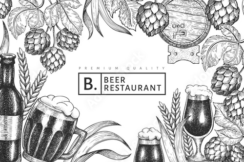 Beer glass mug and hop design template. Hand drawn vector pub beverage illustration. Engraved style. Retro brewery illustration.