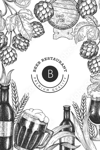 Beer glass mug and hop design template. Hand drawn vector pub beverage illustration. Engraved style. Retro brewery illustration.